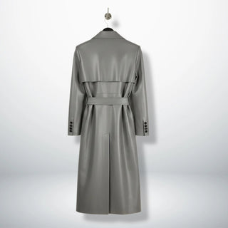 Back view of long belted grey leather trench coat with storm flap
