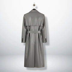 Back view of long belted grey leather trench coat with storm flap
