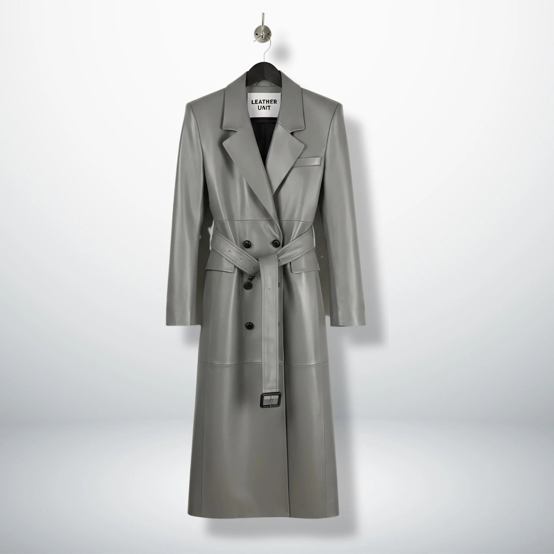 Front view of women’s double breasted grey leather trench coat by Leather Unit