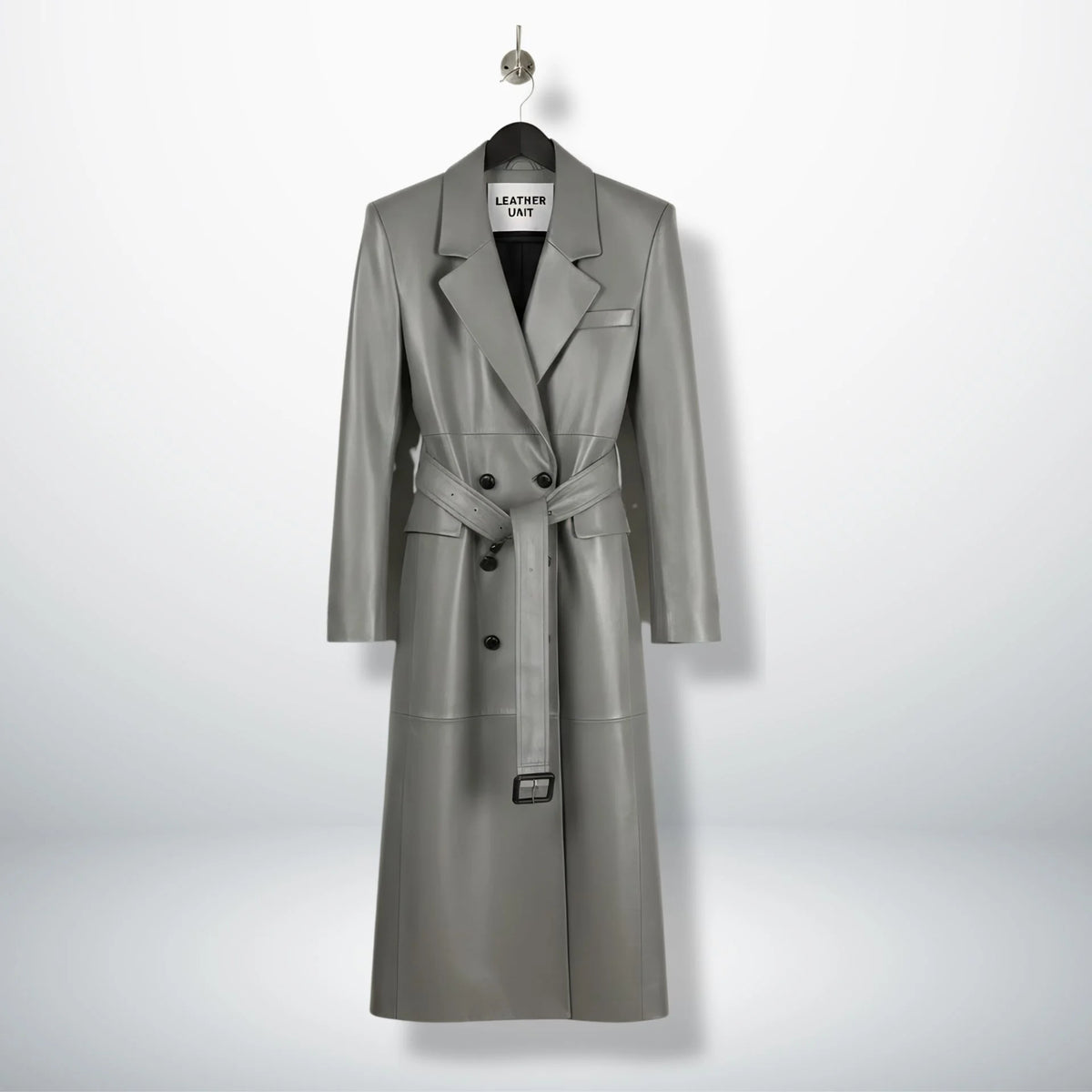 Front view of women’s double breasted grey leather trench coat by Leather Unit