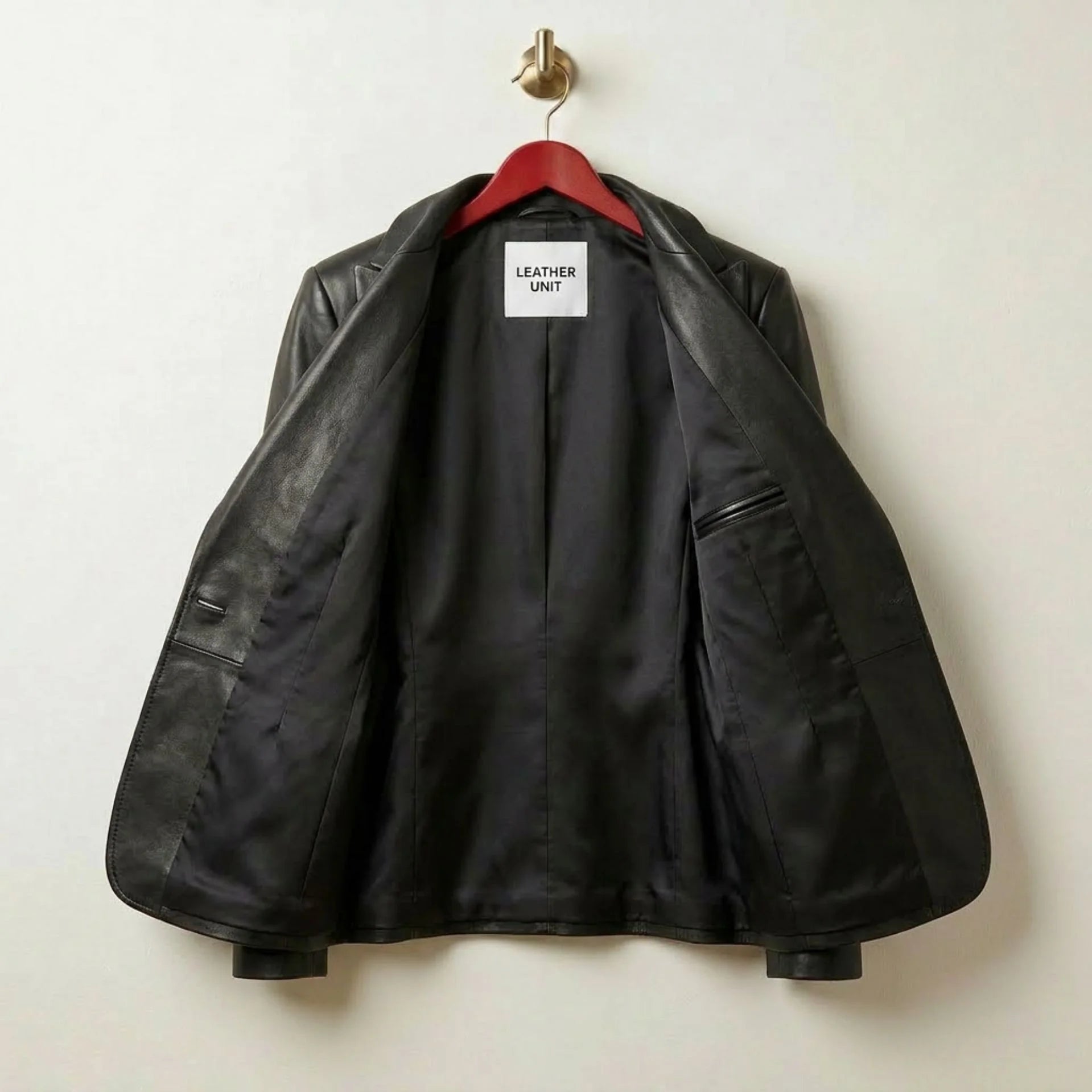 Inside lining of women’s black leather blazer showing interior pocket