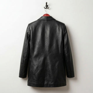 Back view of longline women’s black leather blazer jacket