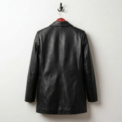 Back view of longline women’s black leather blazer jacket