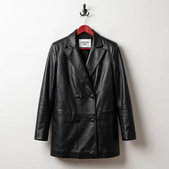 Front view of jet black double breasted women’s leather blazer by Leather Unit