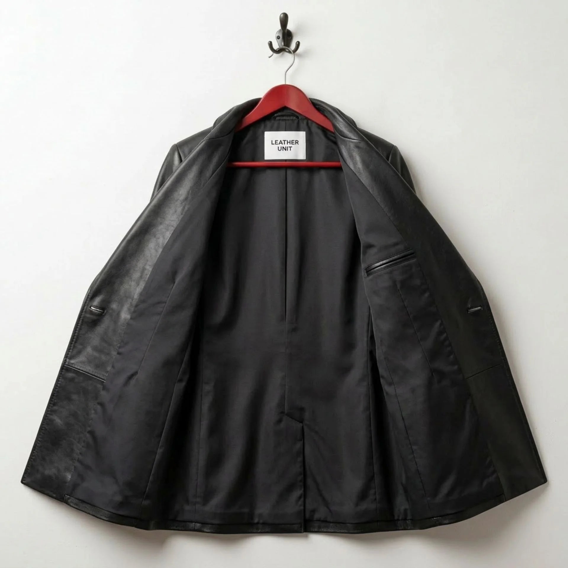 Interior lining of women’s black leather blazer with inner pocket