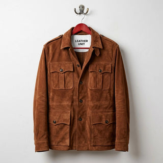 Front view of men's 4 pocket brown suede leather coat by Leather Unit