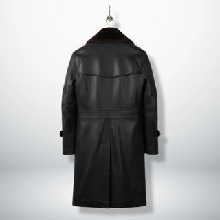 Back view of long black leather shearling coat with yoke detail