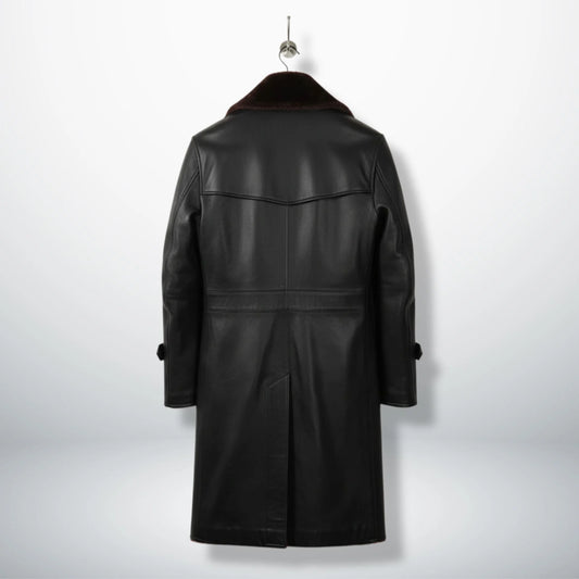 Back view of long black leather shearling coat with yoke detail