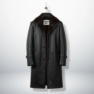Front view of men’s black 3/4 length shearling leather coat by Leather Unit