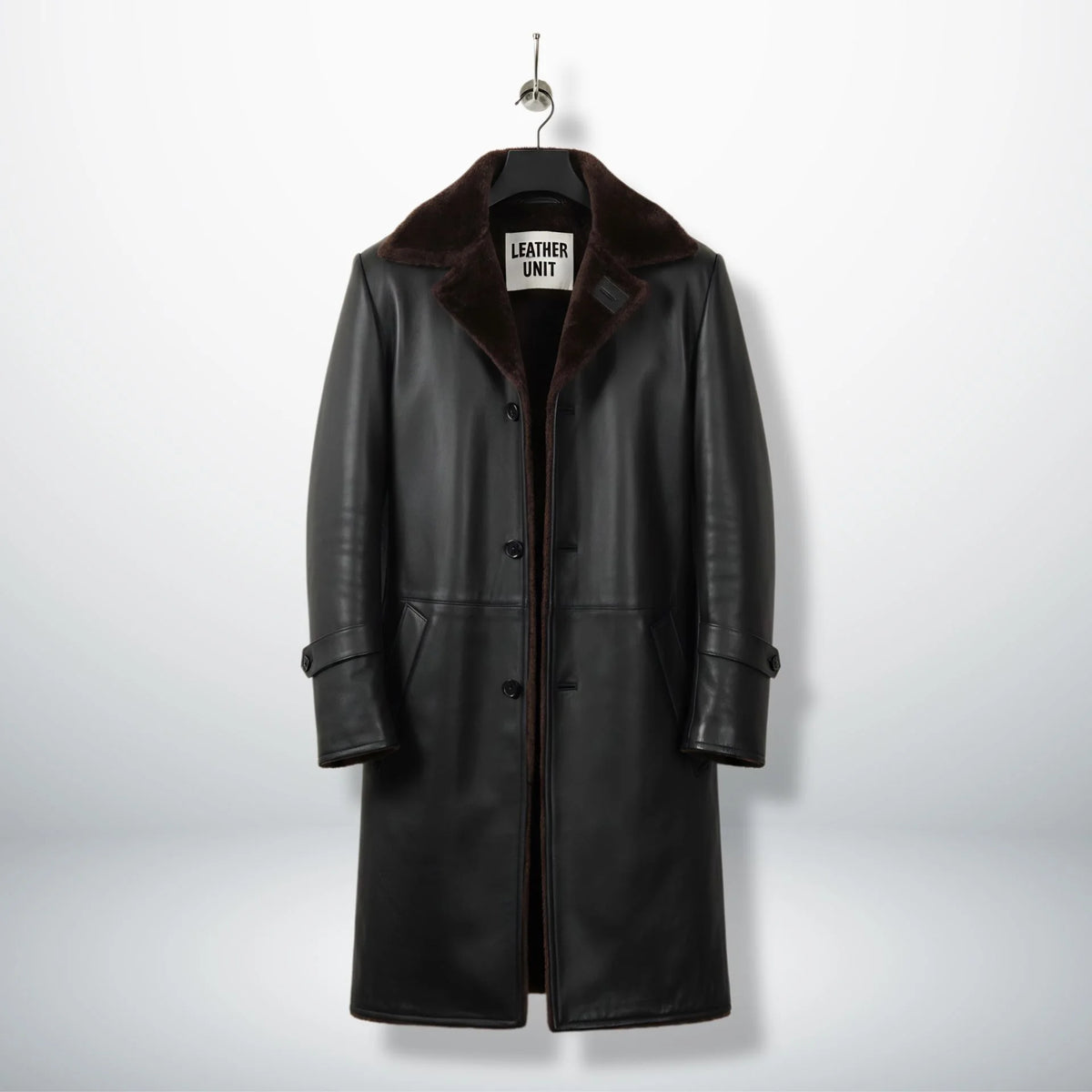 Front view of men’s black 3/4 length shearling leather coat by Leather Unit