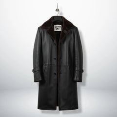 Front view of men’s black 3/4 length shearling leather coat by Leather Unit