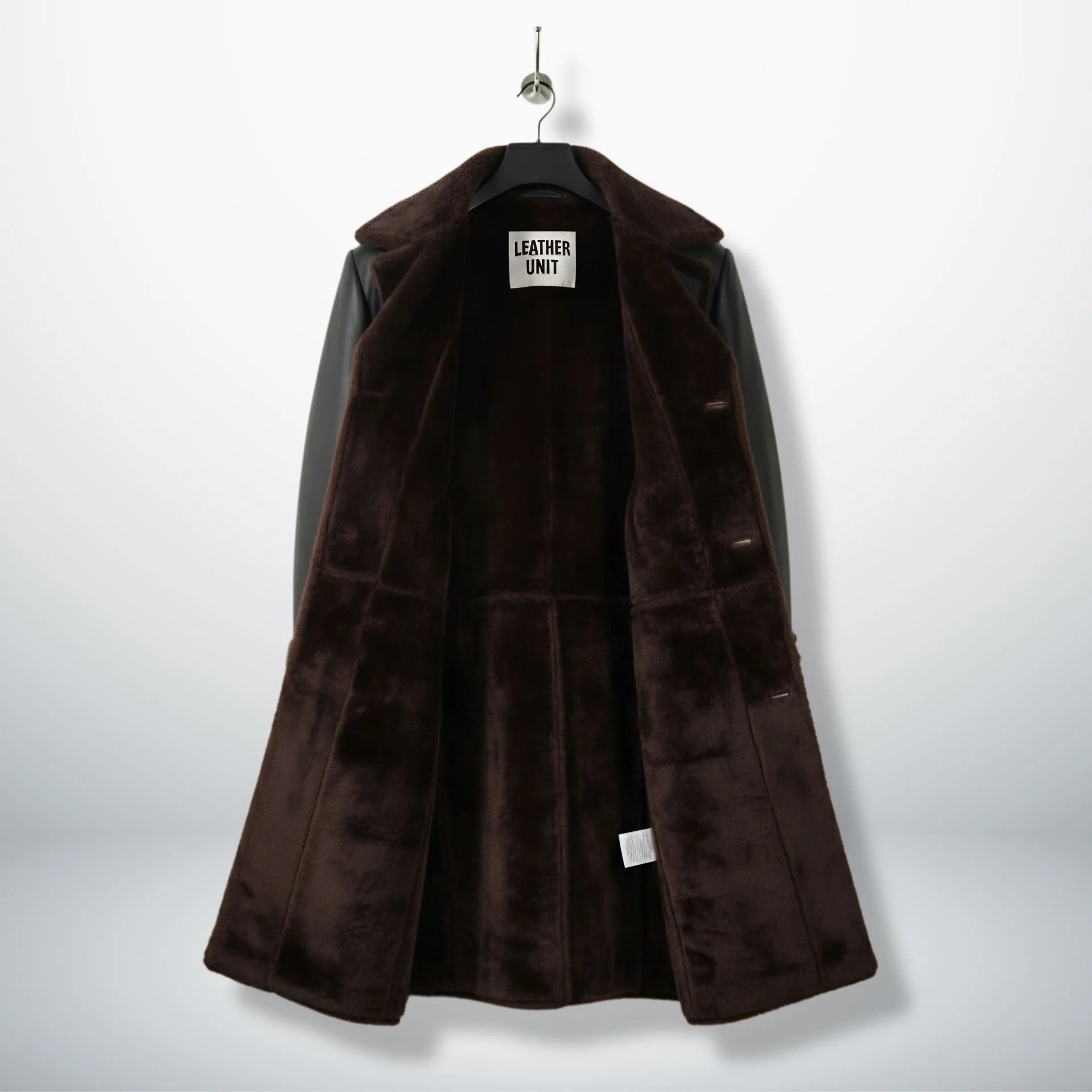 Inside view of fully shearling lined men’s black leather coat