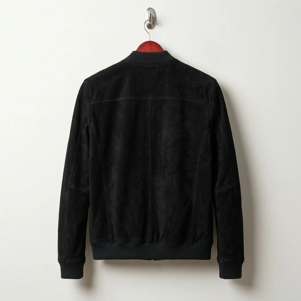 Back view of men's black suede bomber jacket with ribbed hem