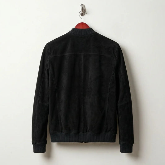 Back view of men's black suede bomber jacket with ribbed hem