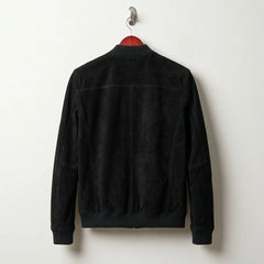 Back view of men's black suede bomber jacket with ribbed hem