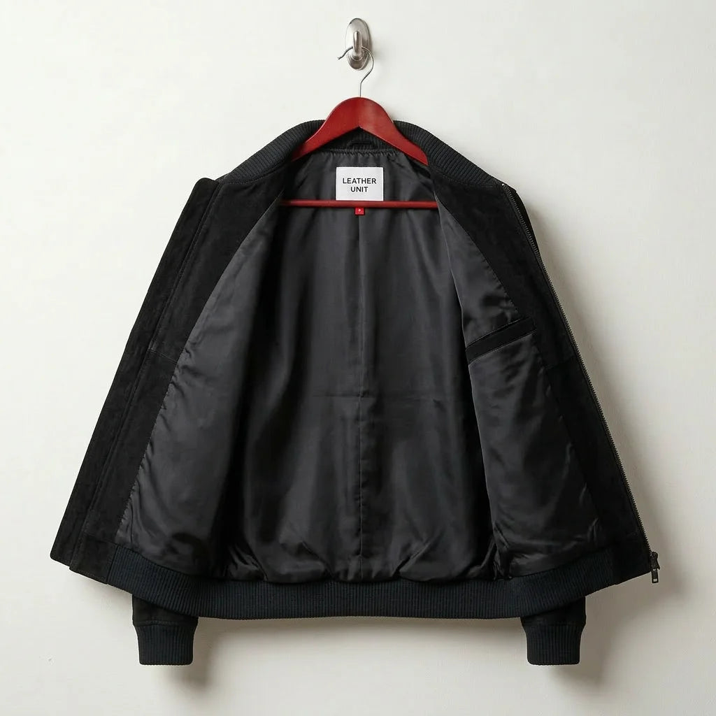 Interior lining of men's black suede leather bomber jacket