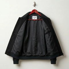 Interior lining of men's black suede leather bomber jacket