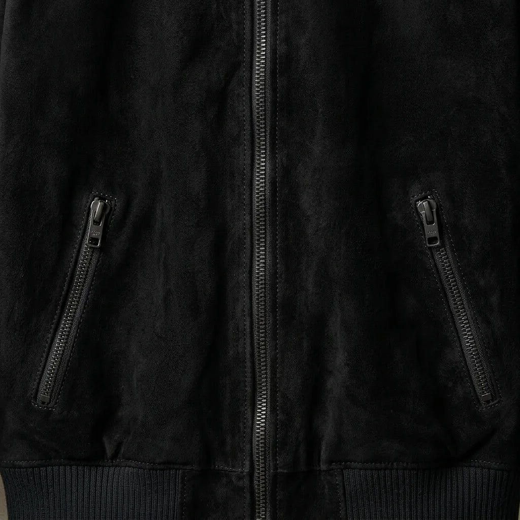Front zipper and zip pocket detail on men's black suede bomber jacket