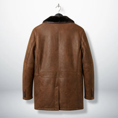 Back view of men’s brown leather shearling coat with simple seams