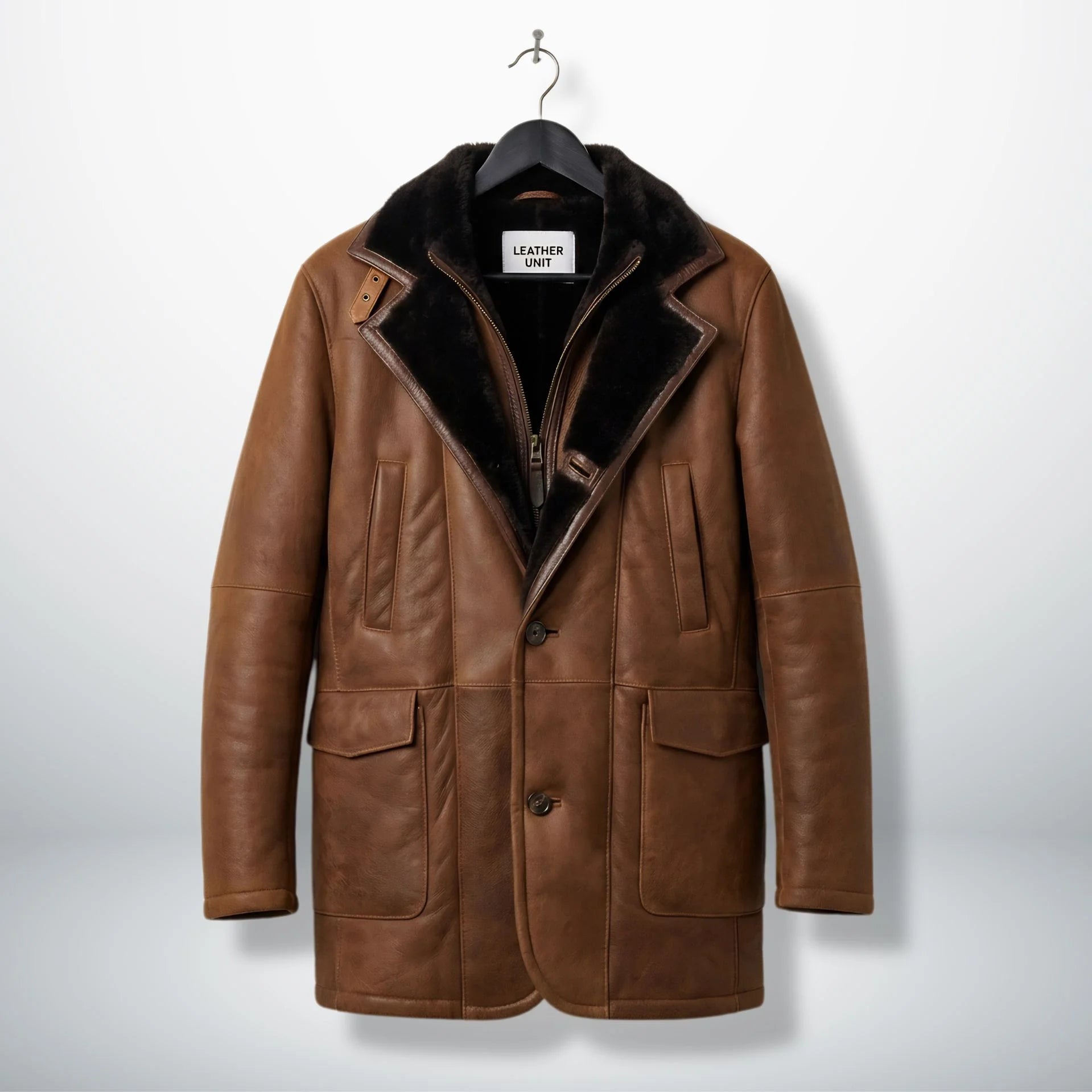 Front view of men’s brown shearling leather coat by Leather Unit