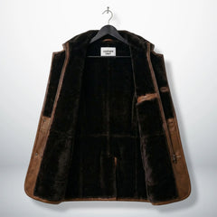 Inside view of fully fur lined brown shearling leather coat for men