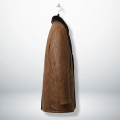 Side profile of men’s mid‑thigh brown shearling winter coat