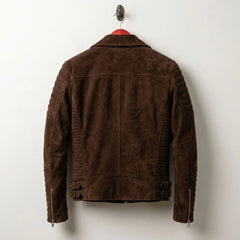 Back view of men's brown suede leather biker jacket with quilted panels