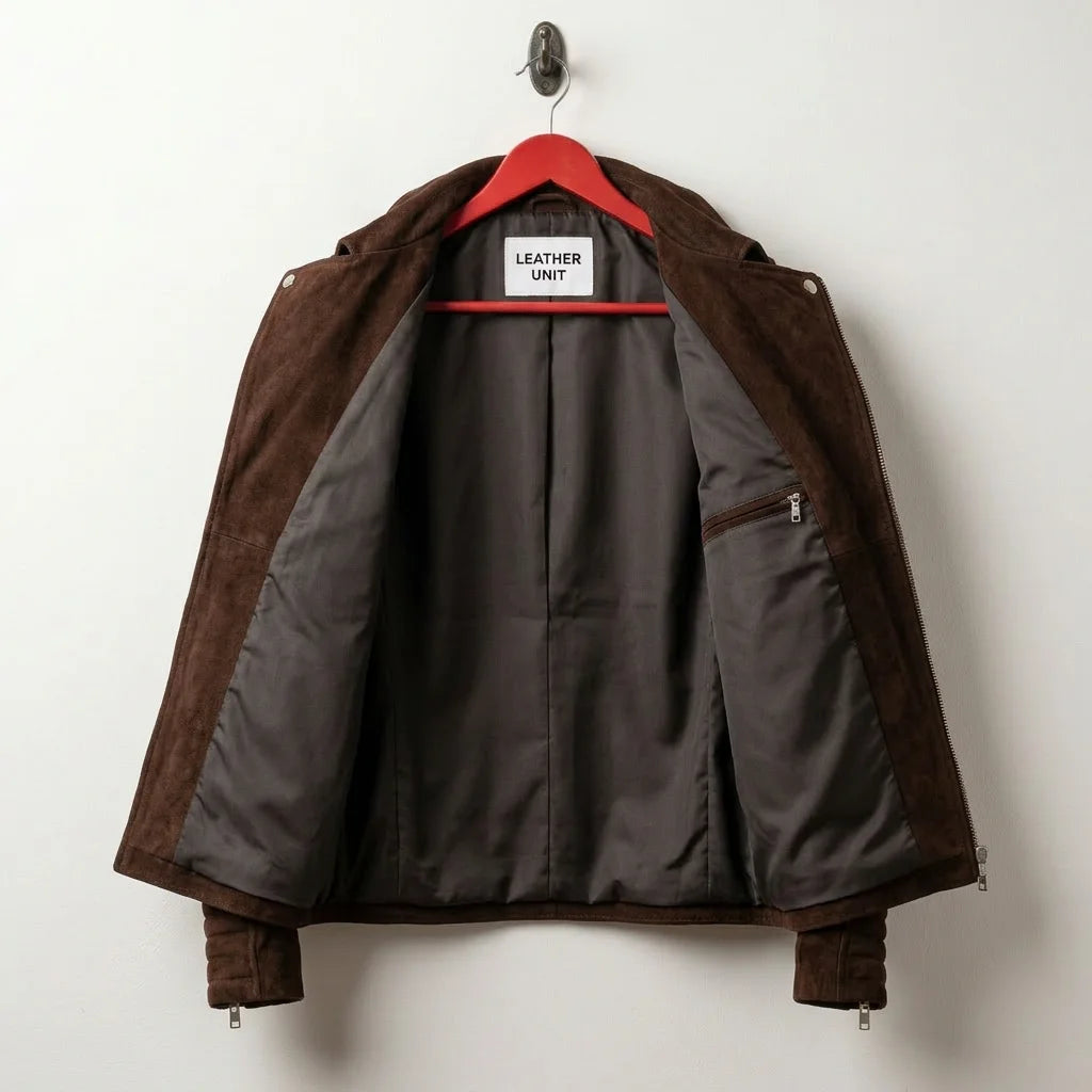 Interior grey lining and inner zip pocket of men's brown suede leather biker jacket