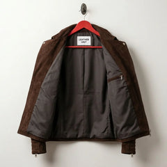 Interior grey lining and inner zip pocket of men's brown suede leather biker jacket