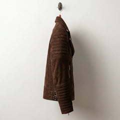 Side profile of men's brown suede biker jacket with quilted sleeves and buckles