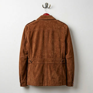 Back view of men's brown suede field coat with waist tabs