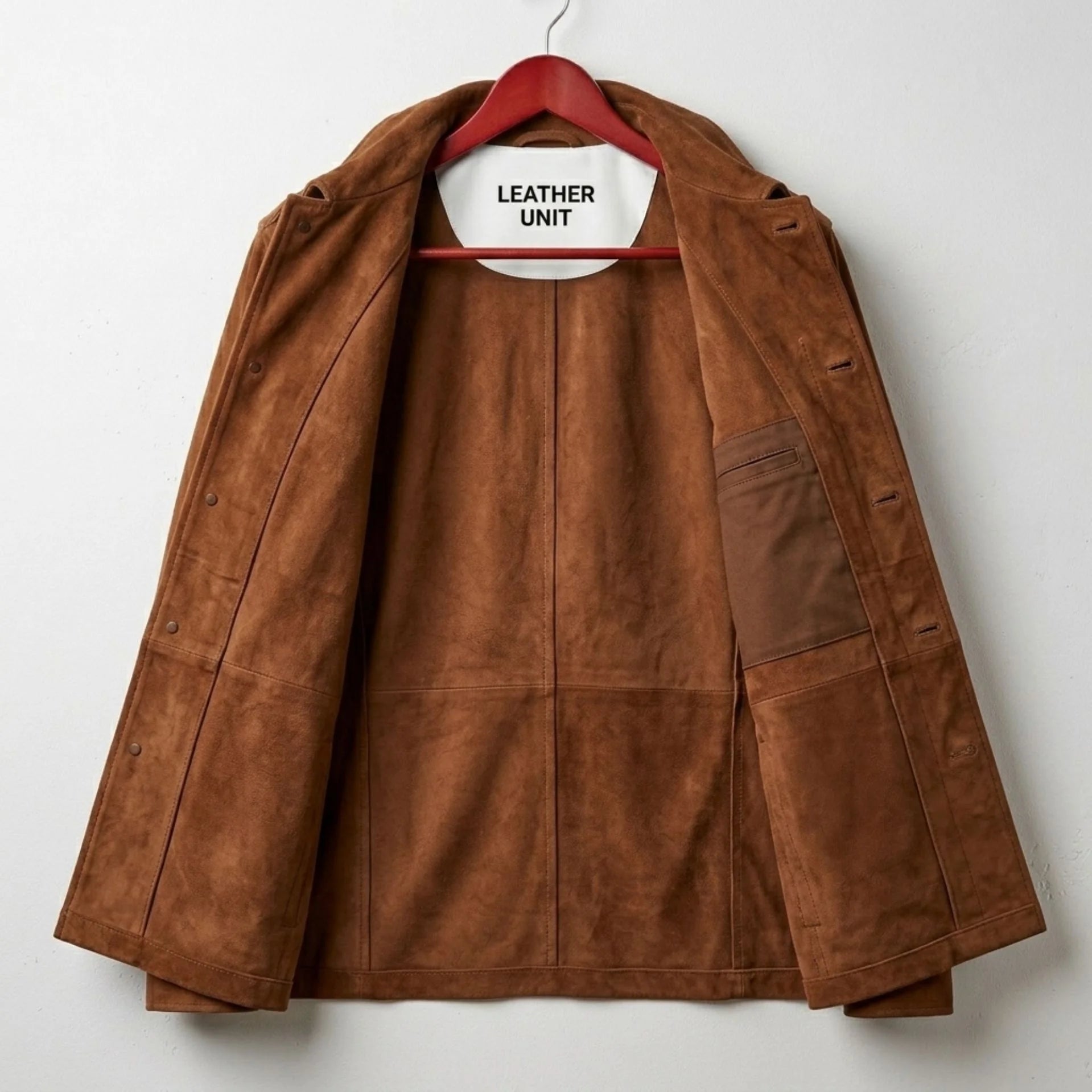 Interior of men's brown suede leather coat showing inner pocket