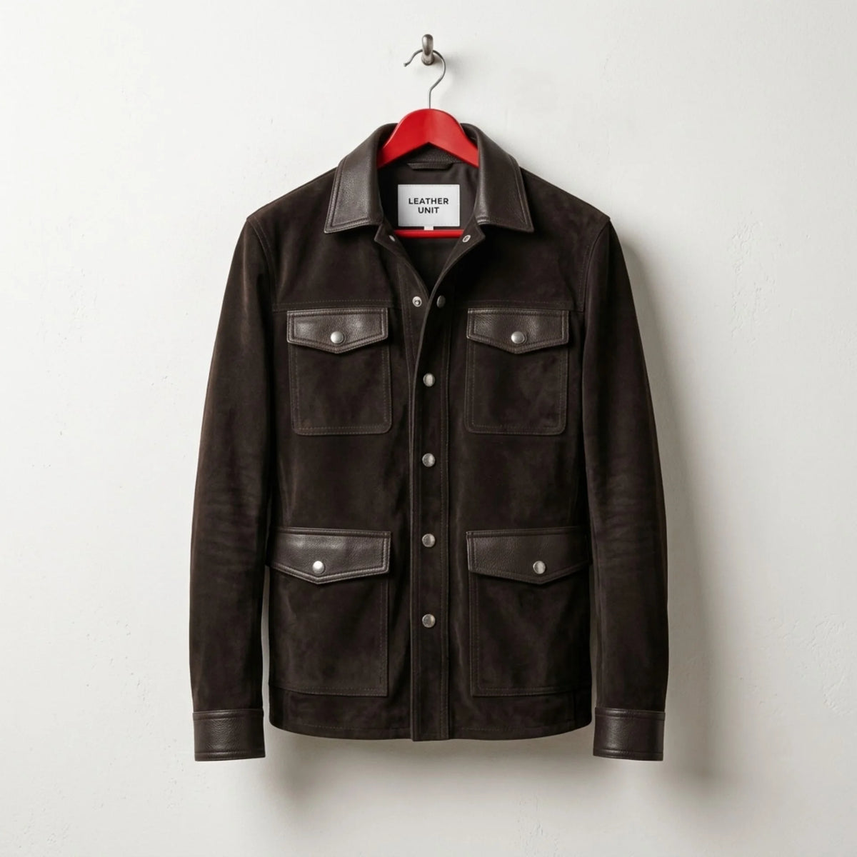 Front view of men's brown suede trucker jacket with leather trim by Leather Unit