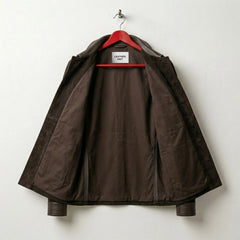Interior lining of men's brown suede trucker leather jacket