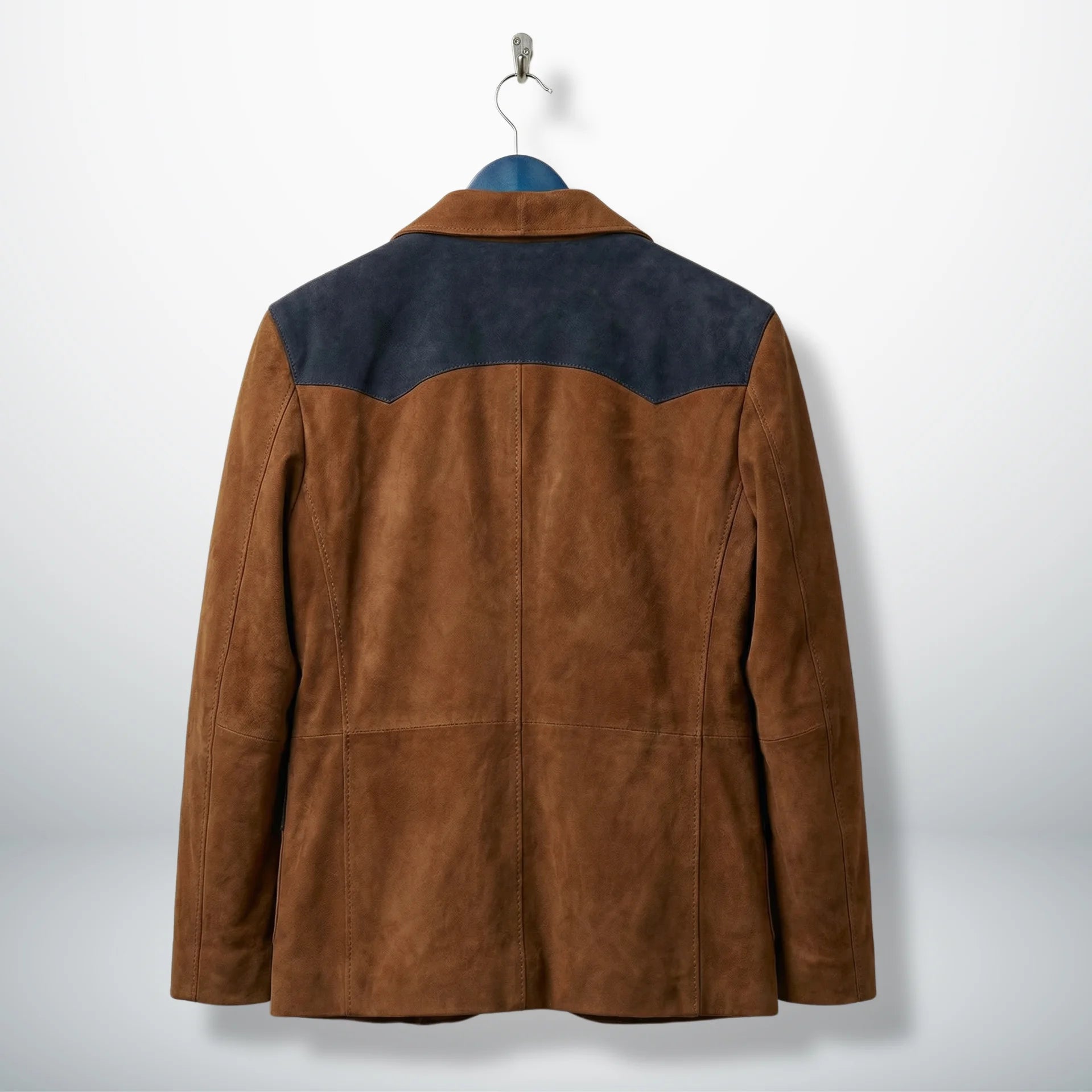 Back view of men’s brown suede cowboy blazer with contrast shoulder yoke