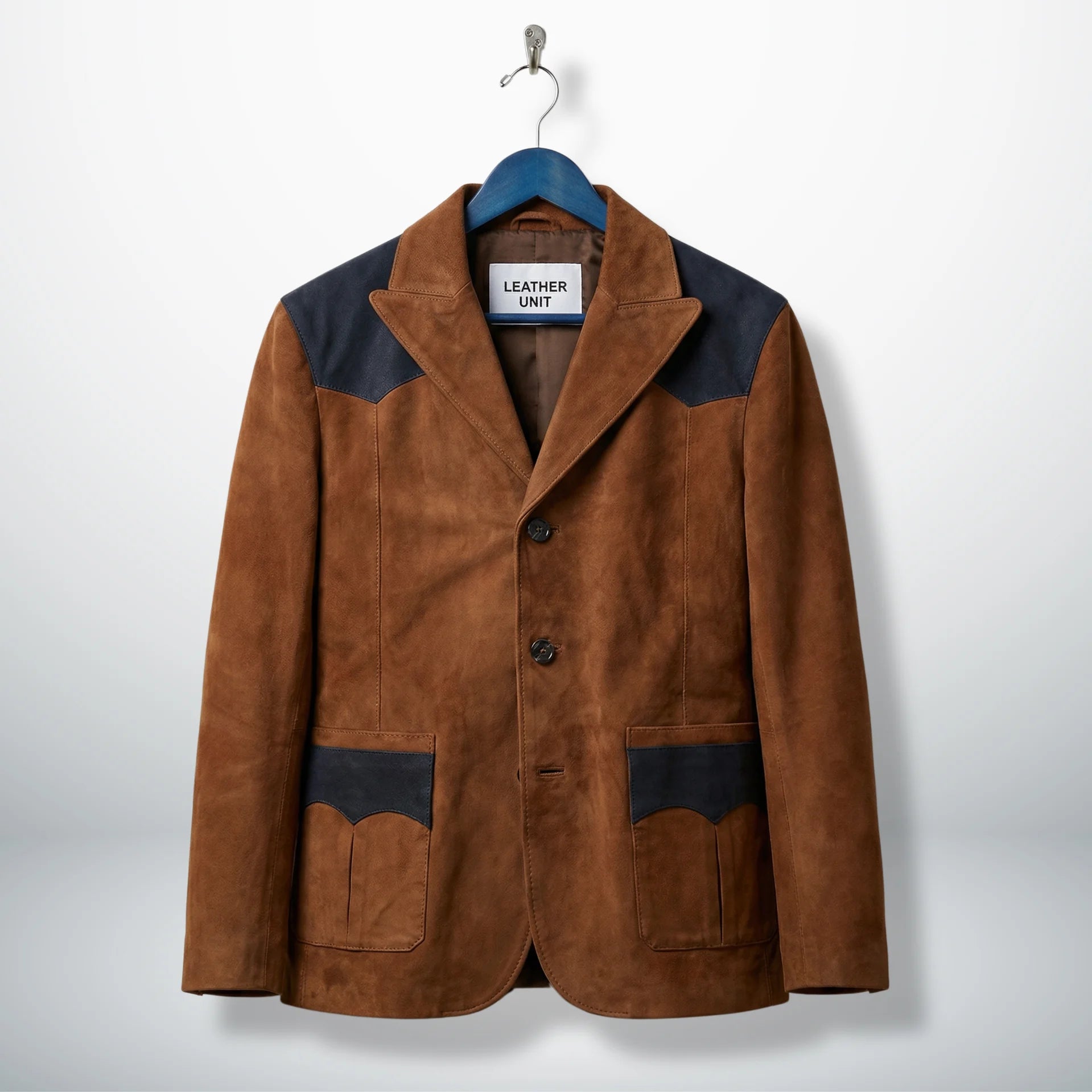Front view of men’s brown suede western blazer with navy yoke by Leather Unit