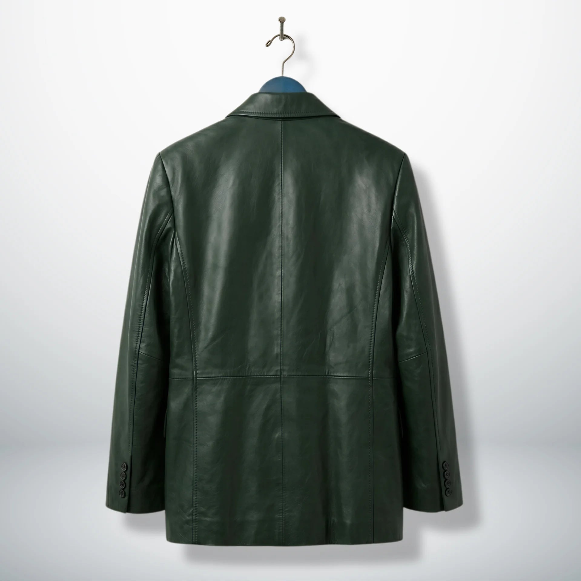 Back view of men’s dark green leather blazer jacket