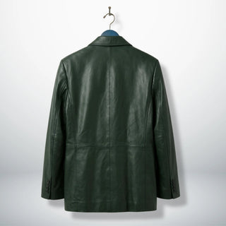 Back view of men’s dark green leather blazer jacket