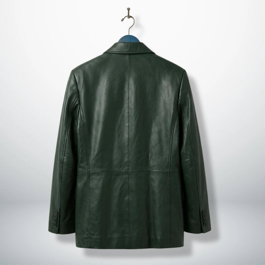 Back view of men’s dark green leather blazer jacket