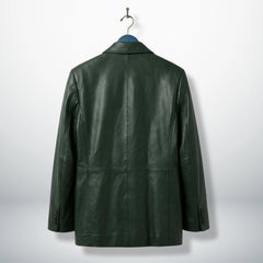 Back view of men’s dark green leather blazer jacket