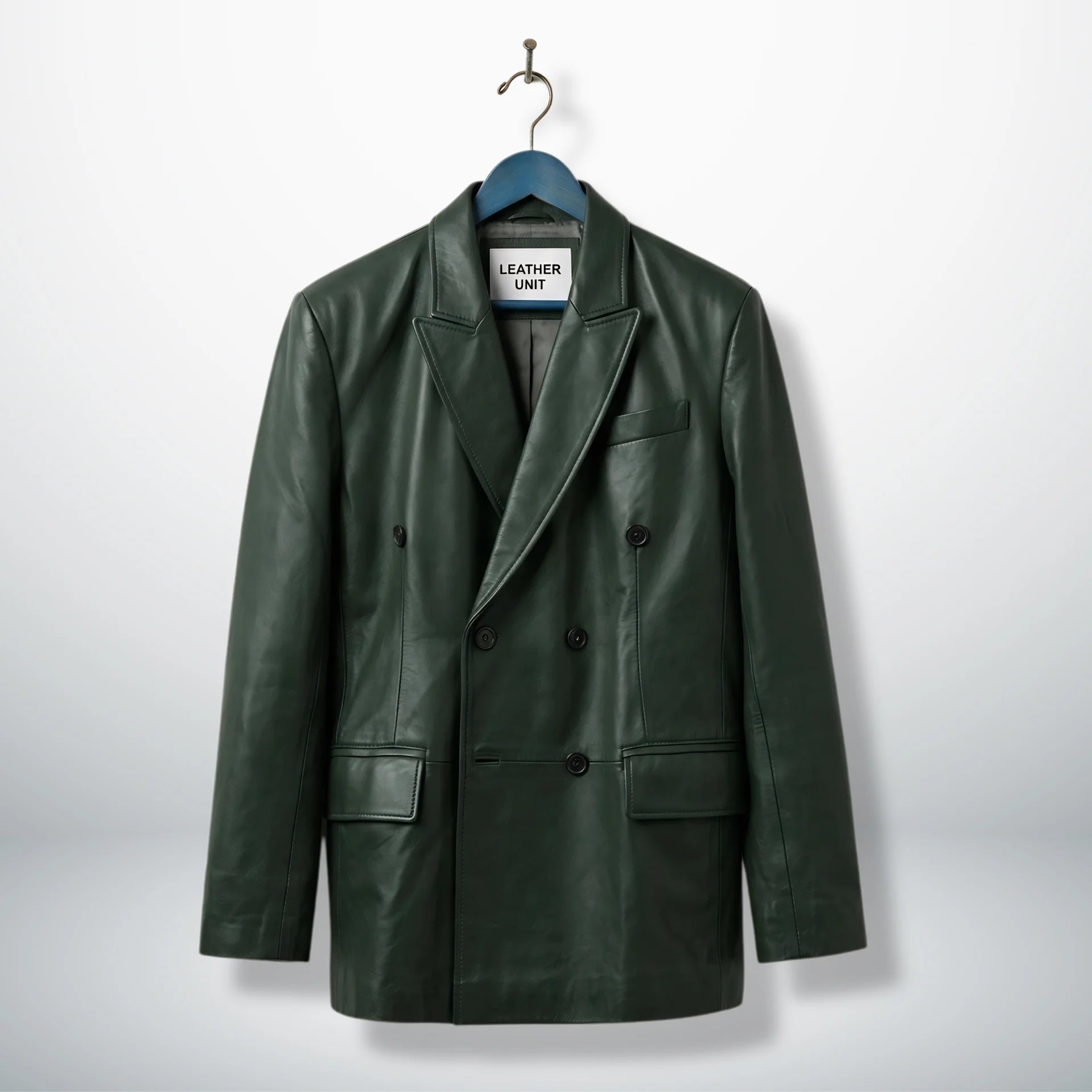 Front view of men’s dark green double breasted leather blazer by Leather Unit