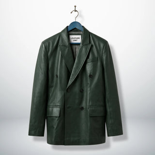 Front view of men’s dark green double breasted leather blazer by Leather Unit