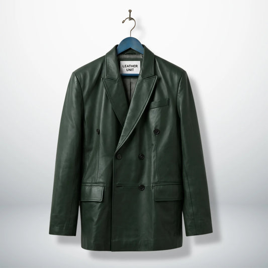 Front view of men’s dark green double breasted leather blazer by Leather Unit