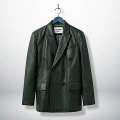 Front view of men’s dark green double breasted leather blazer by Leather Unit
