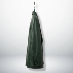 Side profile of men’s dark green leather suit blazer on hanger