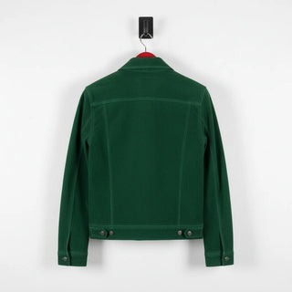 Back view of men's green suede trucker jacket with adjustable waist tabs