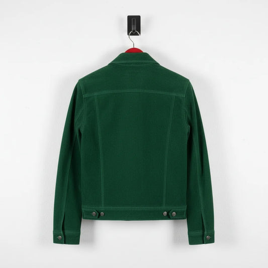 Back view of men's green suede trucker jacket with adjustable waist tabs