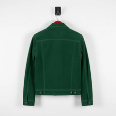 Back view of men's green suede trucker jacket with adjustable waist tabs