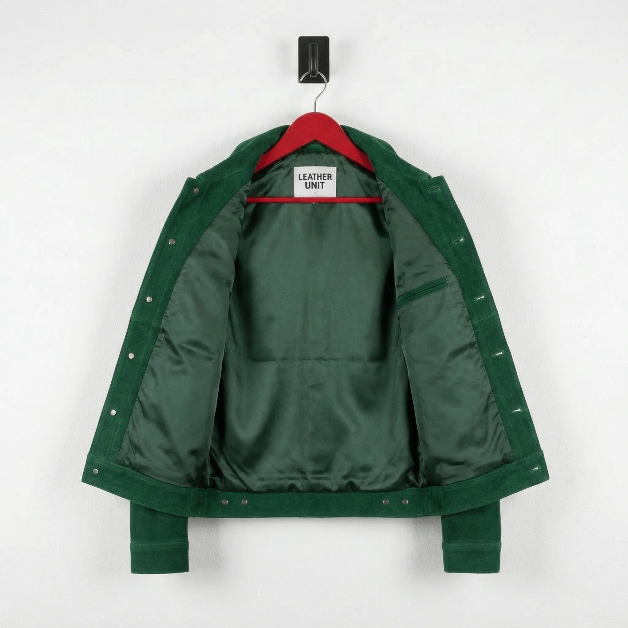 Interior green lining and inner pocket of men's green suede trucker jacket