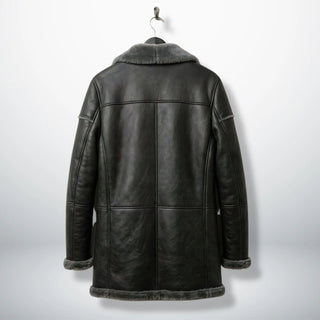 Back view of long men’s grey sheepskin shearling coat